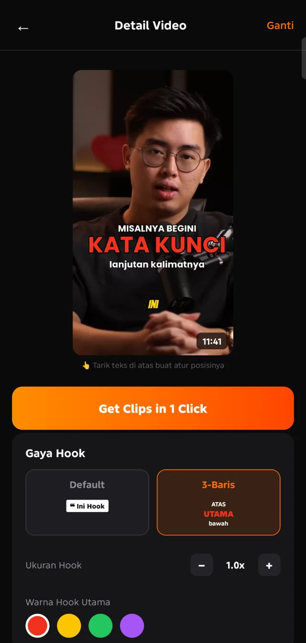 Screenshot asli Clippost: preview video dengan hook 3 baris dan tombol Get Clips in 1 Click