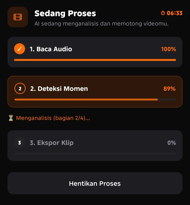 Proses analisis audio dan deteksi momen otomatis di Clippost