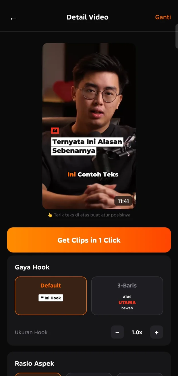 Clippost dengan hook default dan subtitle highlight